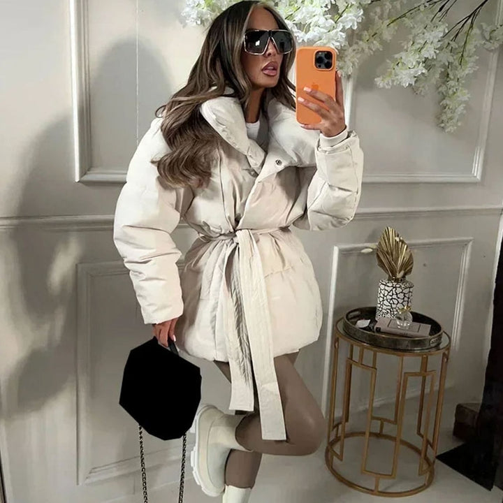 Women's Belted Luxe Puffer Winter Coat High-Collar Padded Jacket, Beige