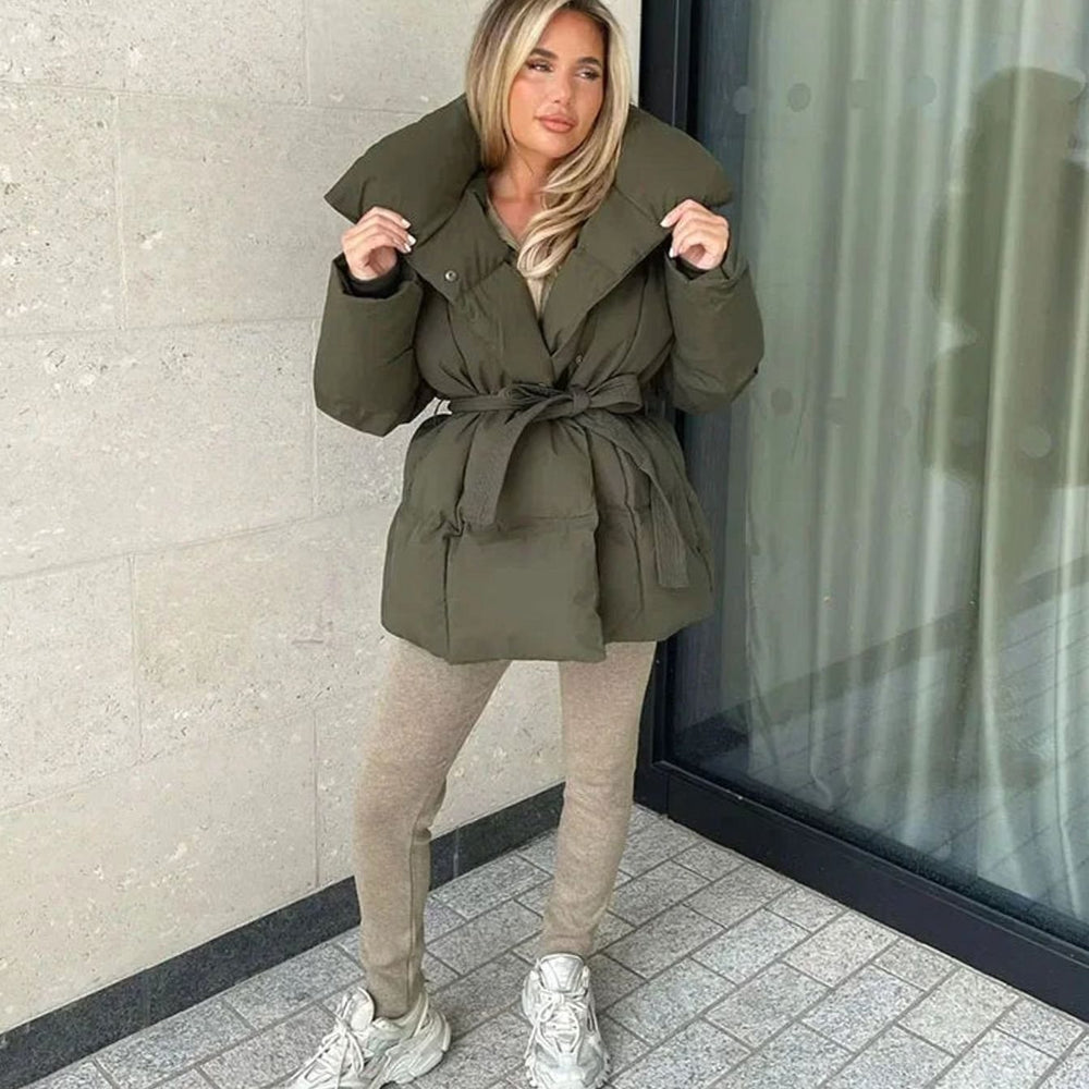 Women's Belted Luxe Puffer Winter Coat High-Collar Padded Jacket, Beige