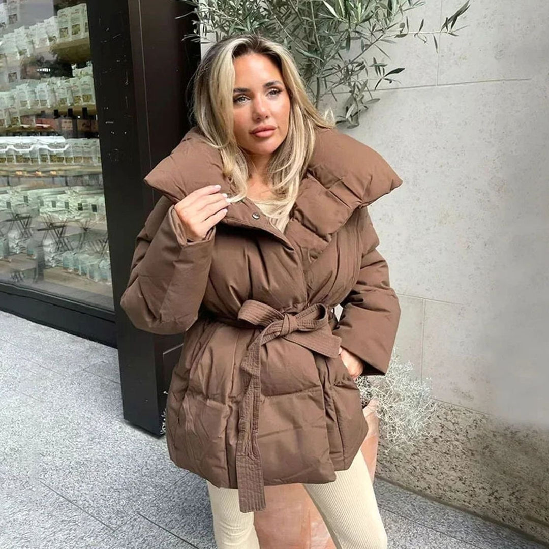 Women's Belted Luxe Puffer Winter Coat High-Collar Padded Jacket, Beige - Brown