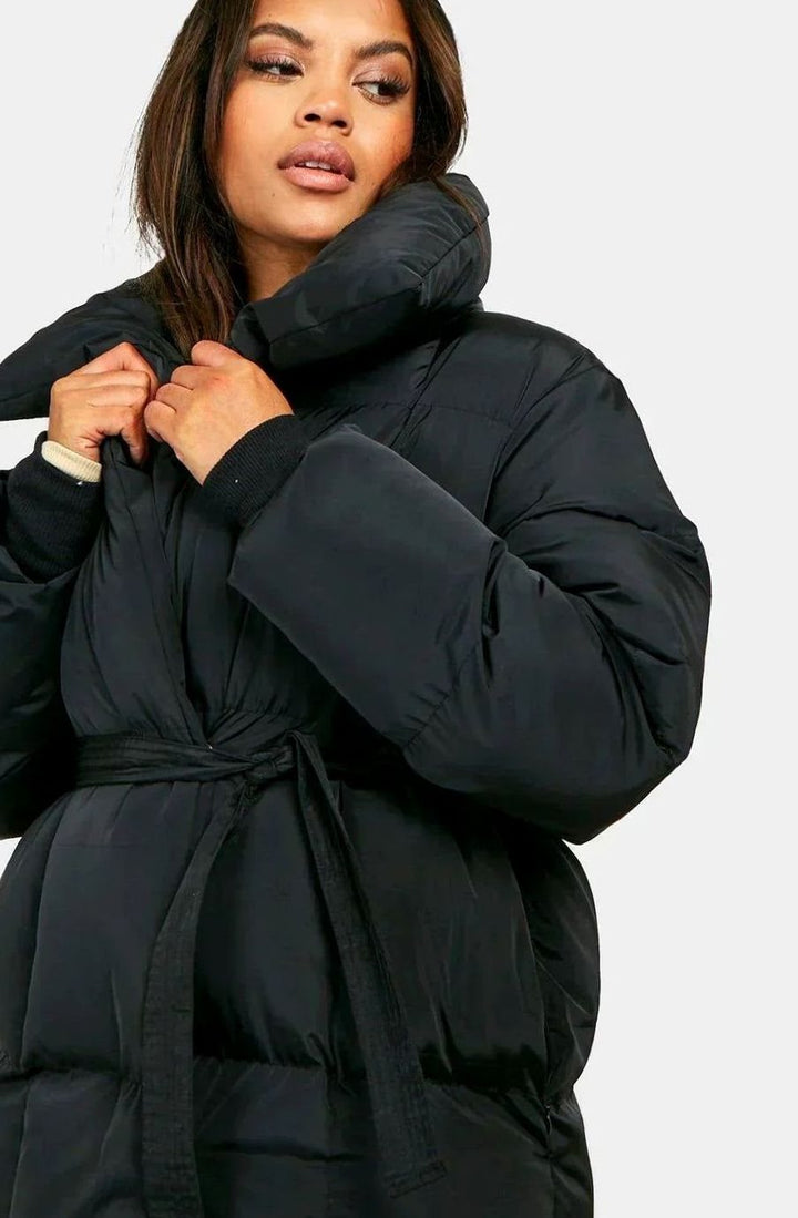 Women's Belted Luxe Puffer Winter Coat High-Collar Padded Jacket, Beige