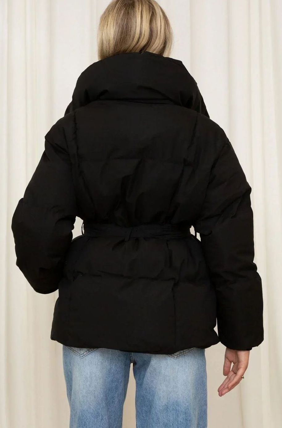 Women's Belted Luxe Puffer Winter Coat High-Collar Padded Jacket, Beige