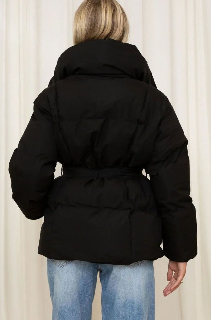 Women's Belted Luxe Puffer Winter Coat High-Collar Padded Jacket, Beige