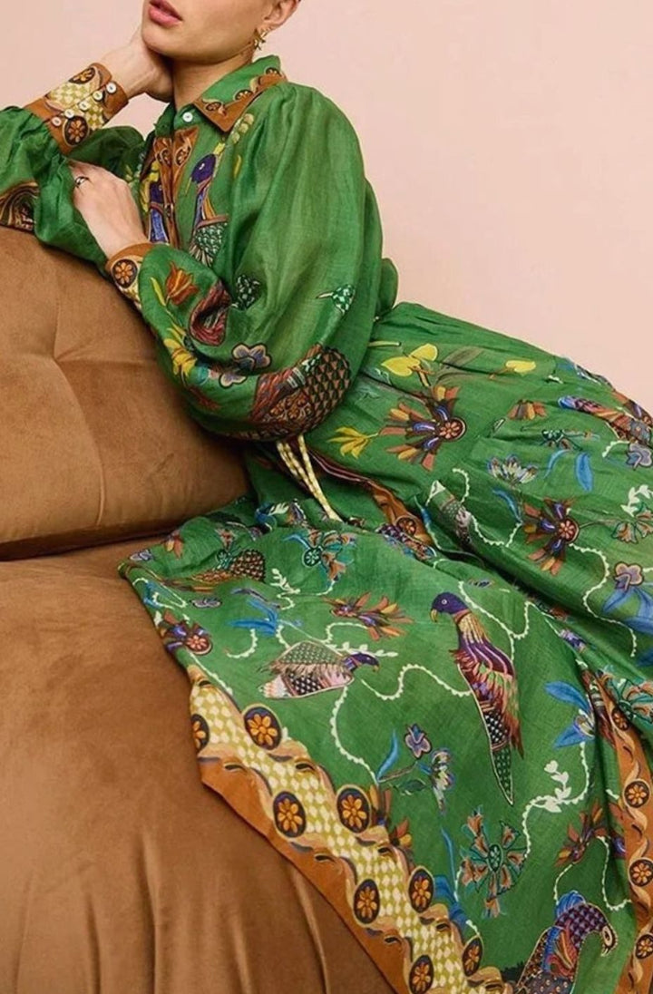Women's Bird-Print Bishop-Sleeve Belted Midi Shirt Dress