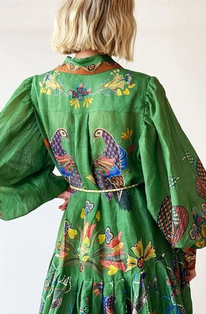 Women's Bird-Print Bishop-Sleeve Belted Midi Shirt Dress