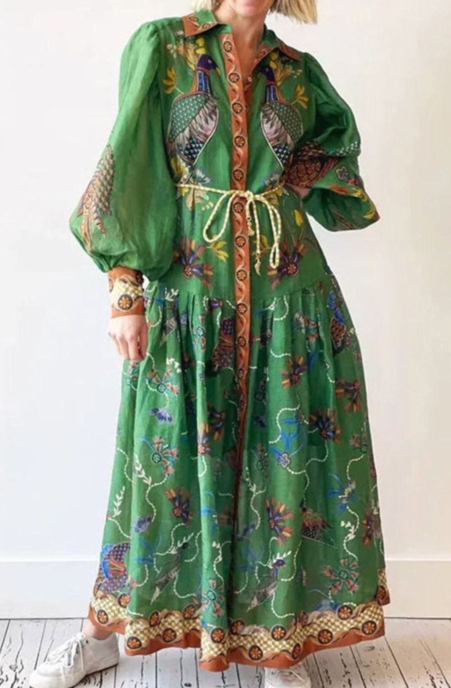 Women's Bird-Print Bishop-Sleeve Belted Midi Shirt Dress