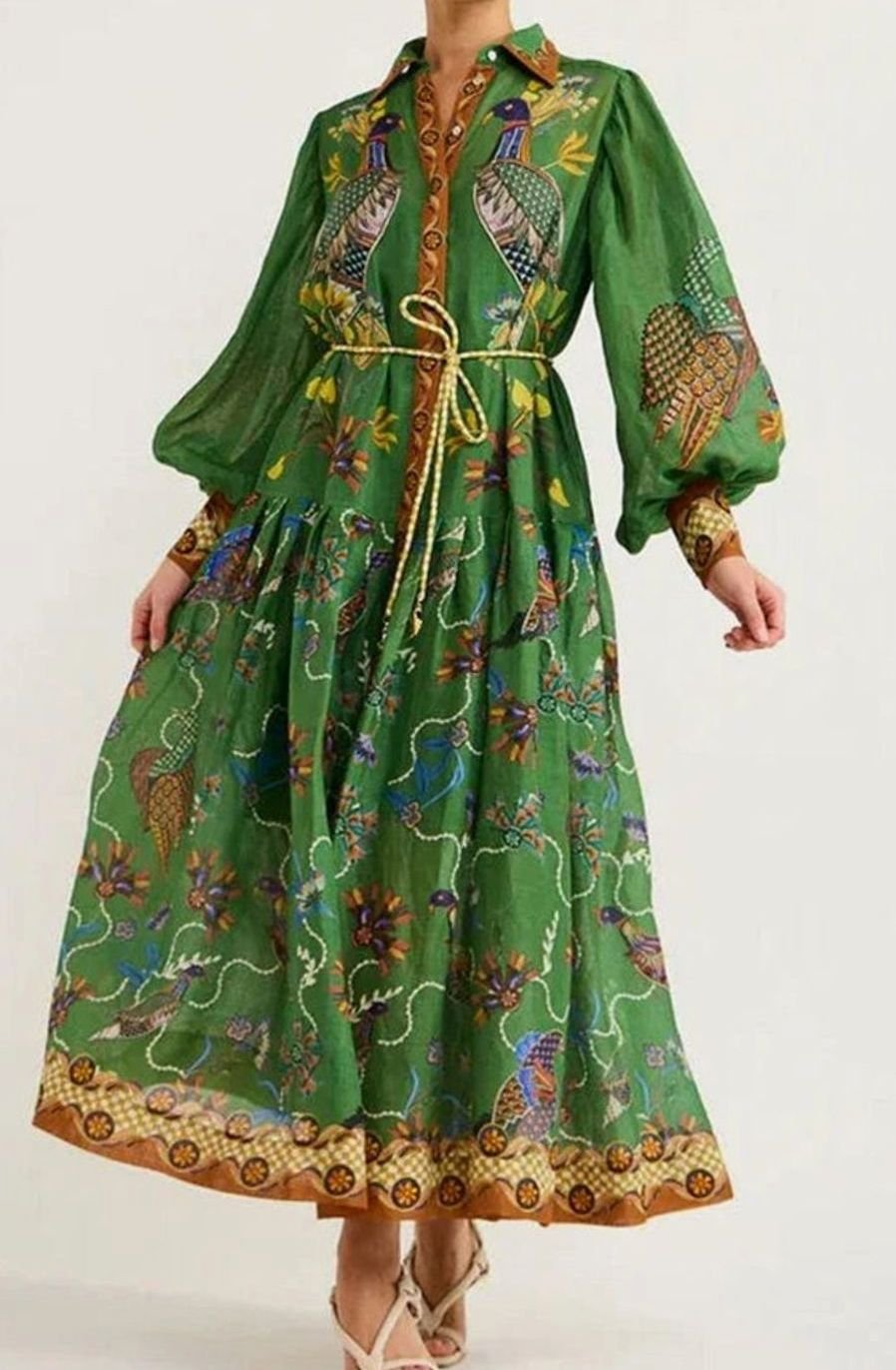 Women's Bird-Print Bishop-Sleeve Belted Midi Shirt Dress