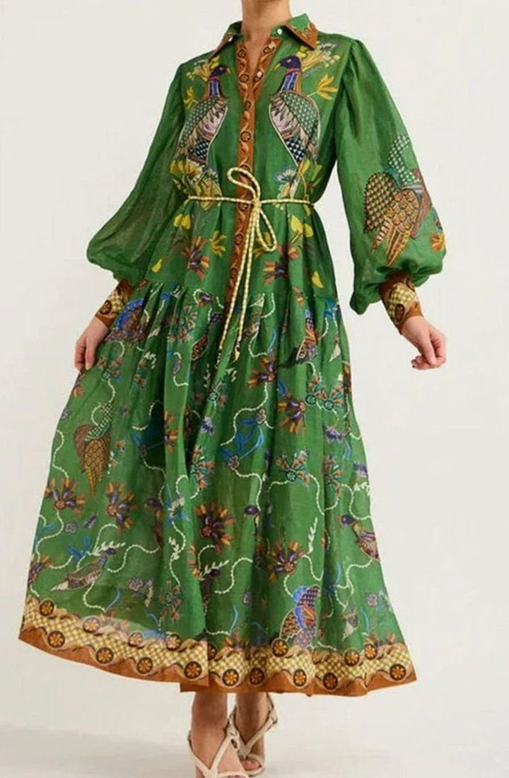 Women's Bird-Print Bishop-Sleeve Belted Midi Shirt Dress
