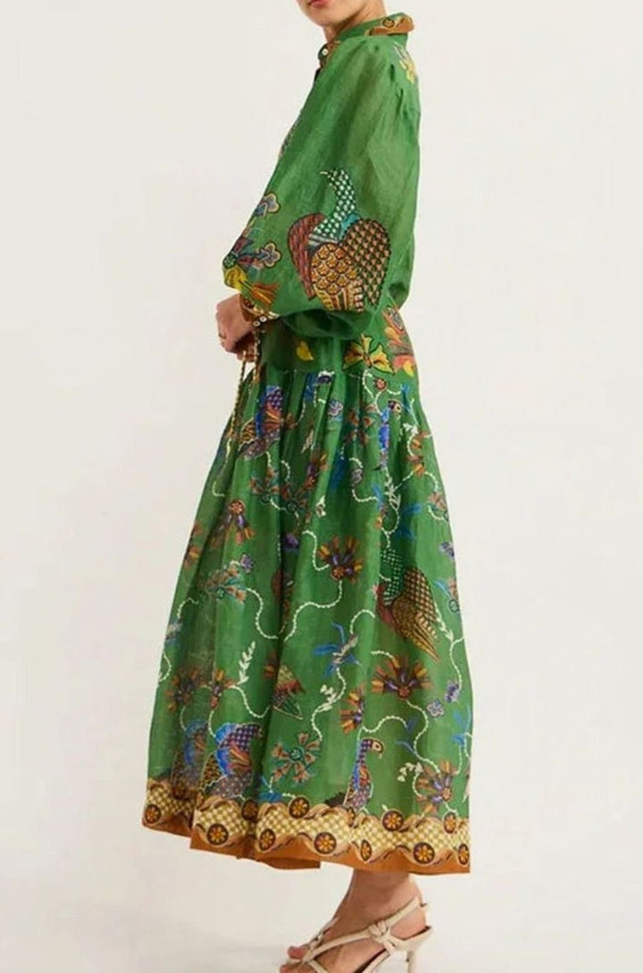 Women's Bird-Print Bishop-Sleeve Belted Midi Shirt Dress