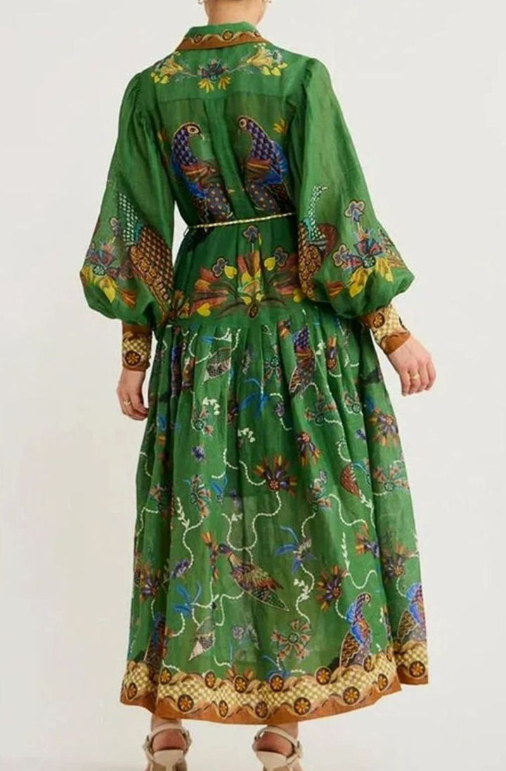 Women's Bird-Print Bishop-Sleeve Belted Midi Shirt Dress