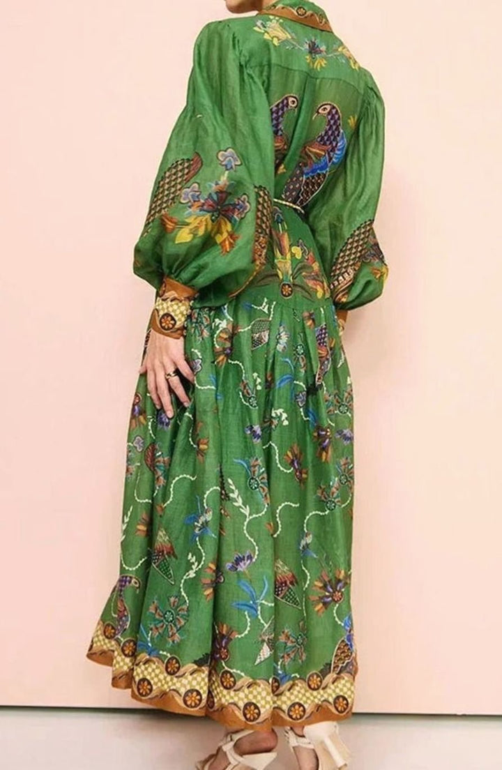 Women's Bird-Print Bishop-Sleeve Belted Midi Shirt Dress