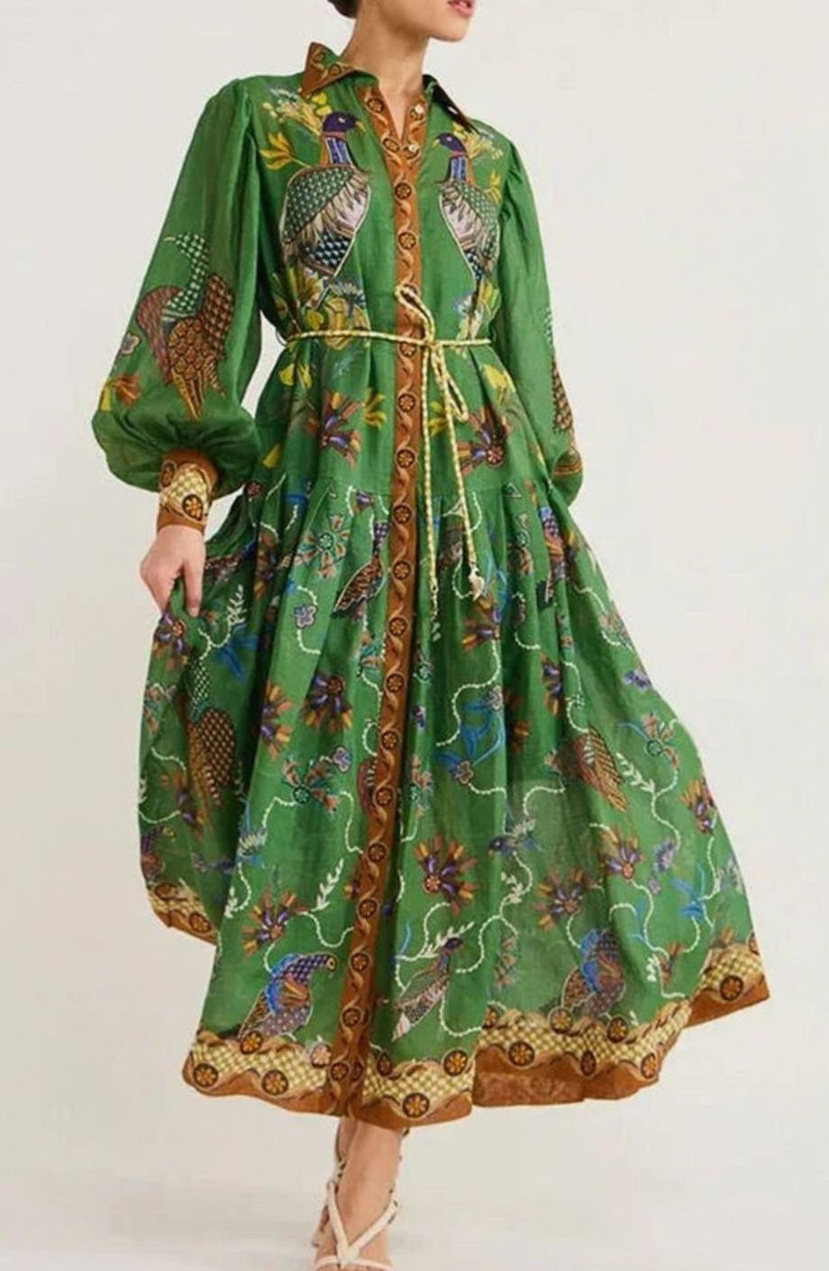 Women's Bird-Print Bishop-Sleeve Belted Midi Shirt Dress, Green
