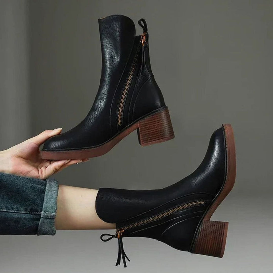Women's Black Block-Heel Side-Zip Ankle Boots - Black