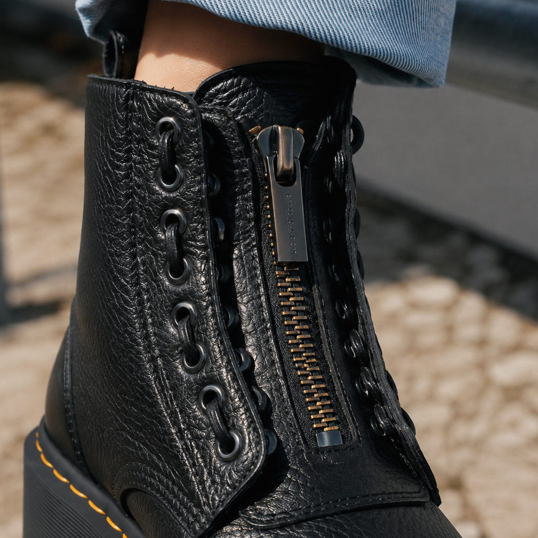 Women's Black Leather Platform Ankle Boots Front-Zip Chunky Sole