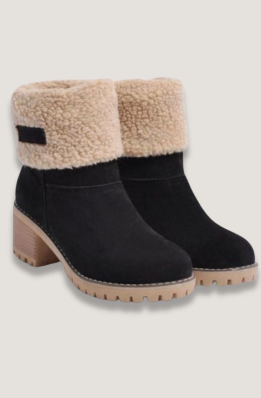 Women's Black Sherpa-Cuff Heeled Winter Ankle Boots