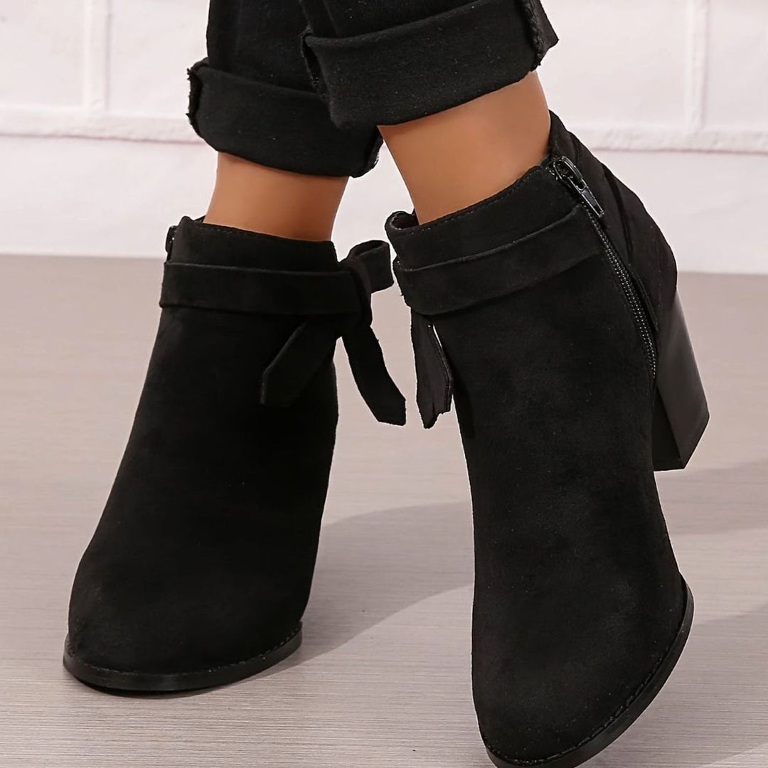 Women's Black Suede Block-Heel Pointed-Toe Ankle Boots Bow Detail