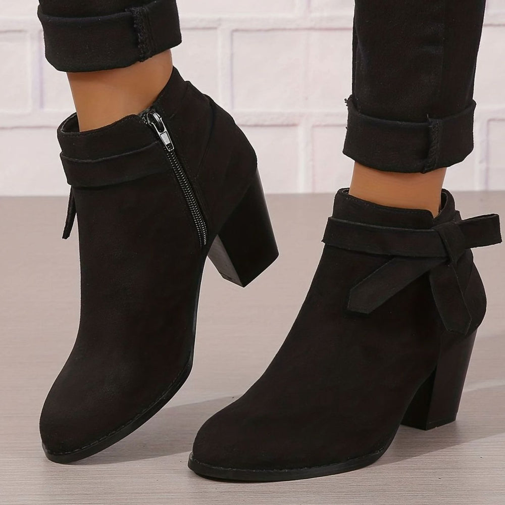 Women's Black Suede Block-Heel Pointed-Toe Ankle Boots Bow Detail