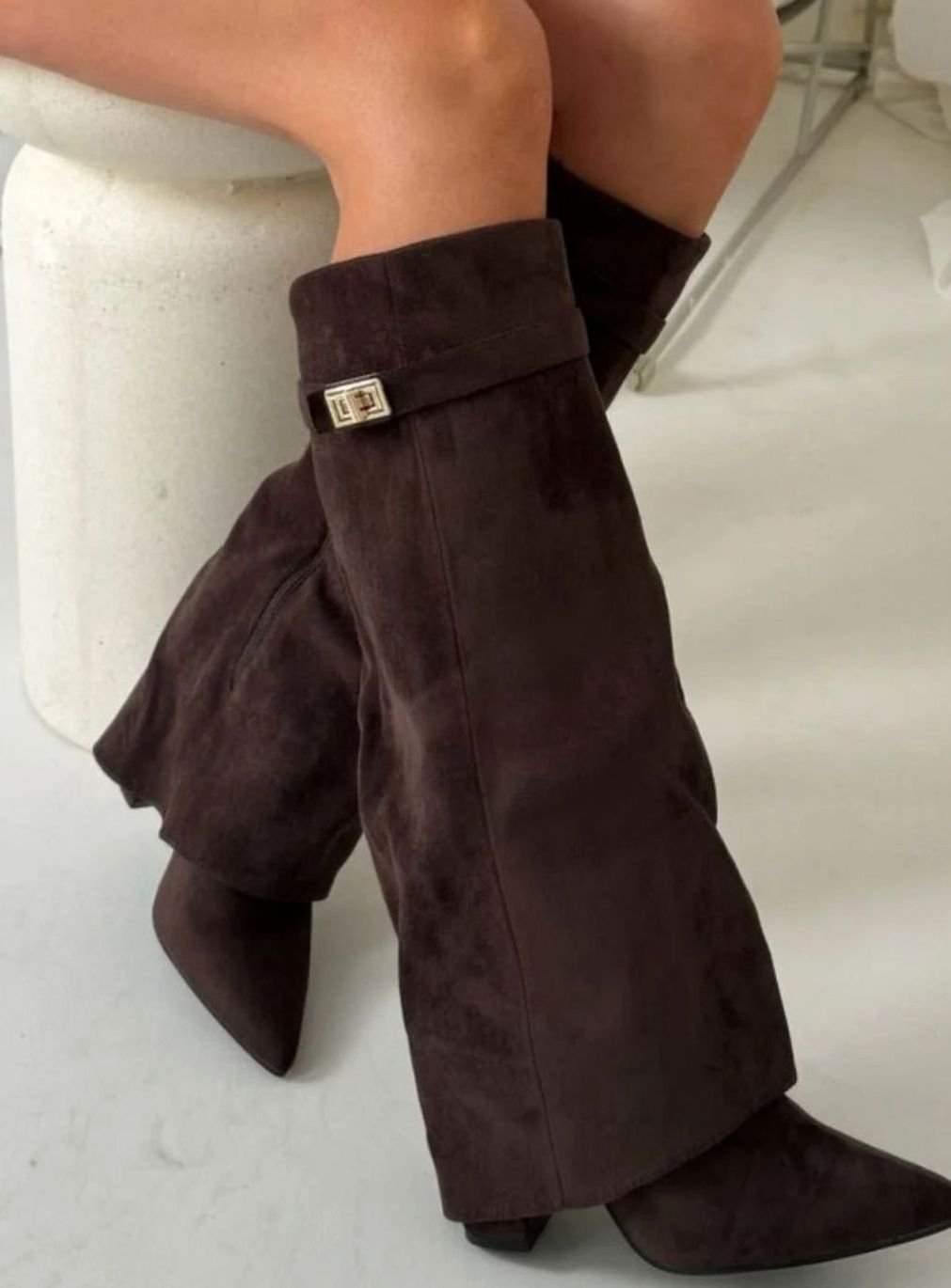 Women's Black Suede Fold-Over Knee-High Heeled Boots Gold Clasp