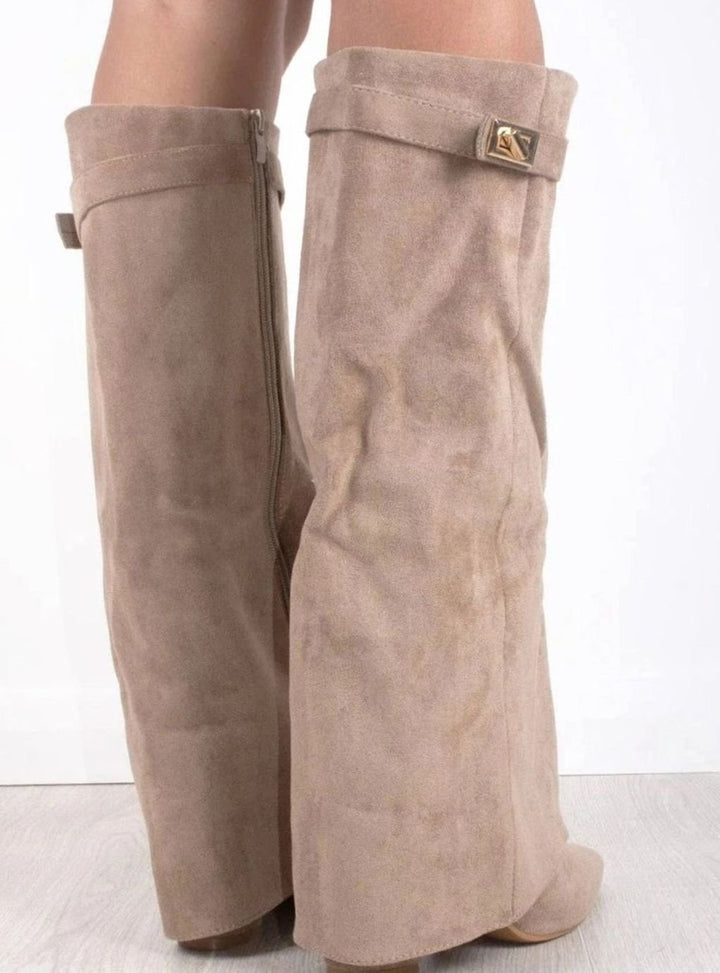 Women's Black Suede Fold-Over Knee-High Heeled Boots Gold Clasp