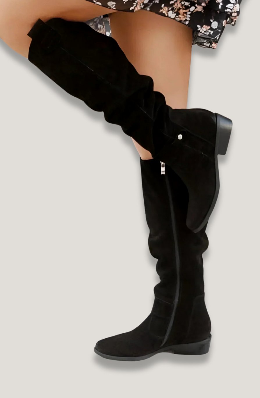 Women's Black Suede Over-the-Knee Flat Elegant High Boots