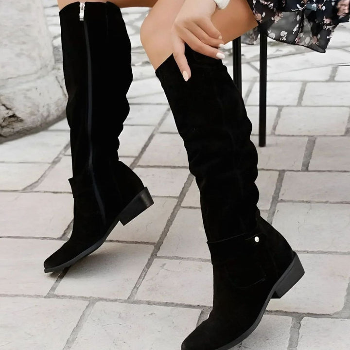 Women's Black Suede Over-the-Knee Flat Elegant High Boots