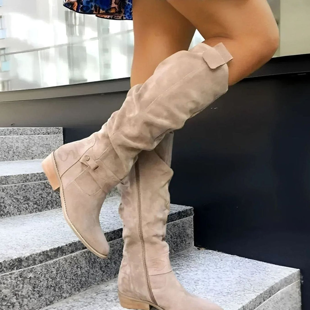 Women's Black Suede Over-the-Knee Flat Elegant High Boots - Beige