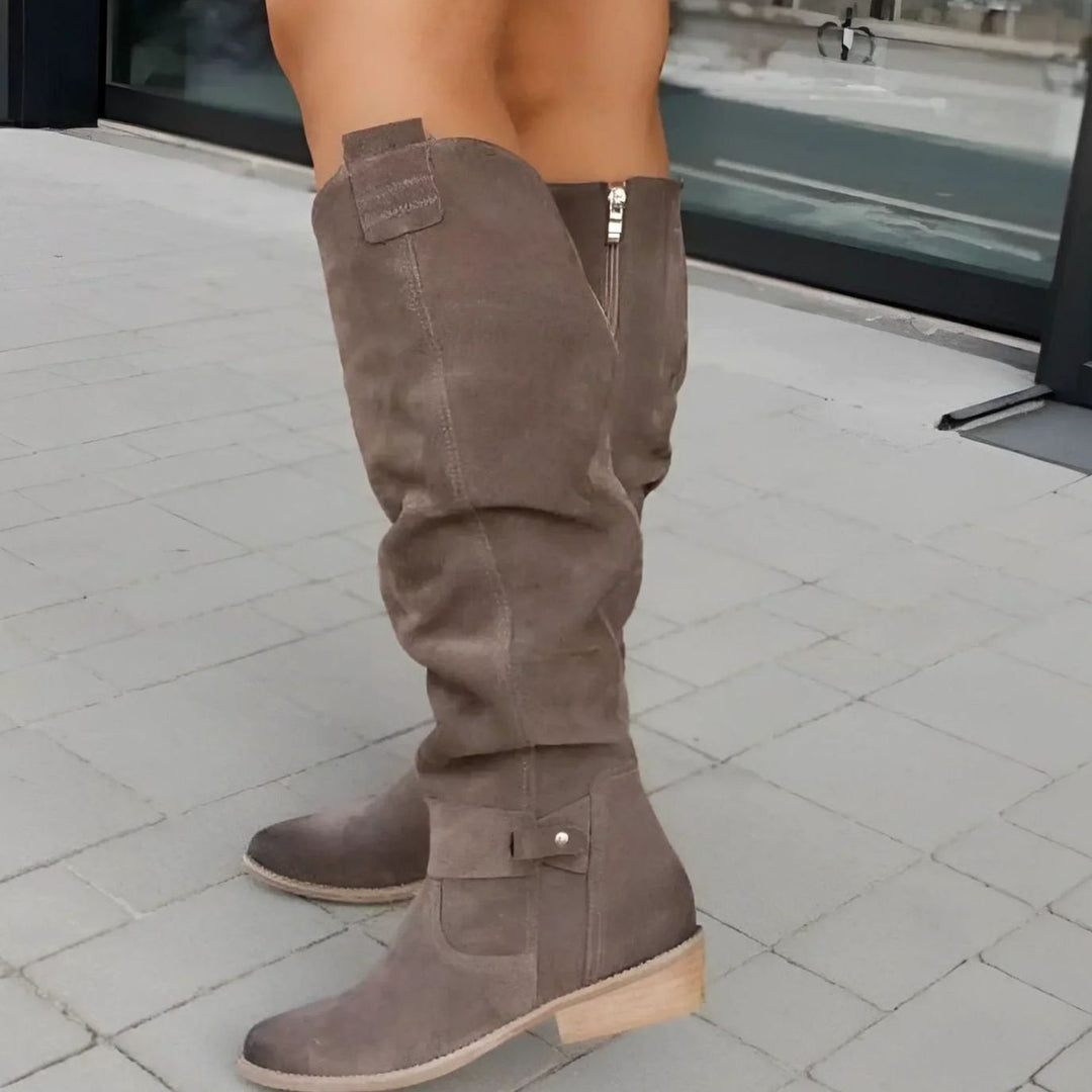 Women's Black Suede Over-the-Knee Flat Elegant High Boots - Brown