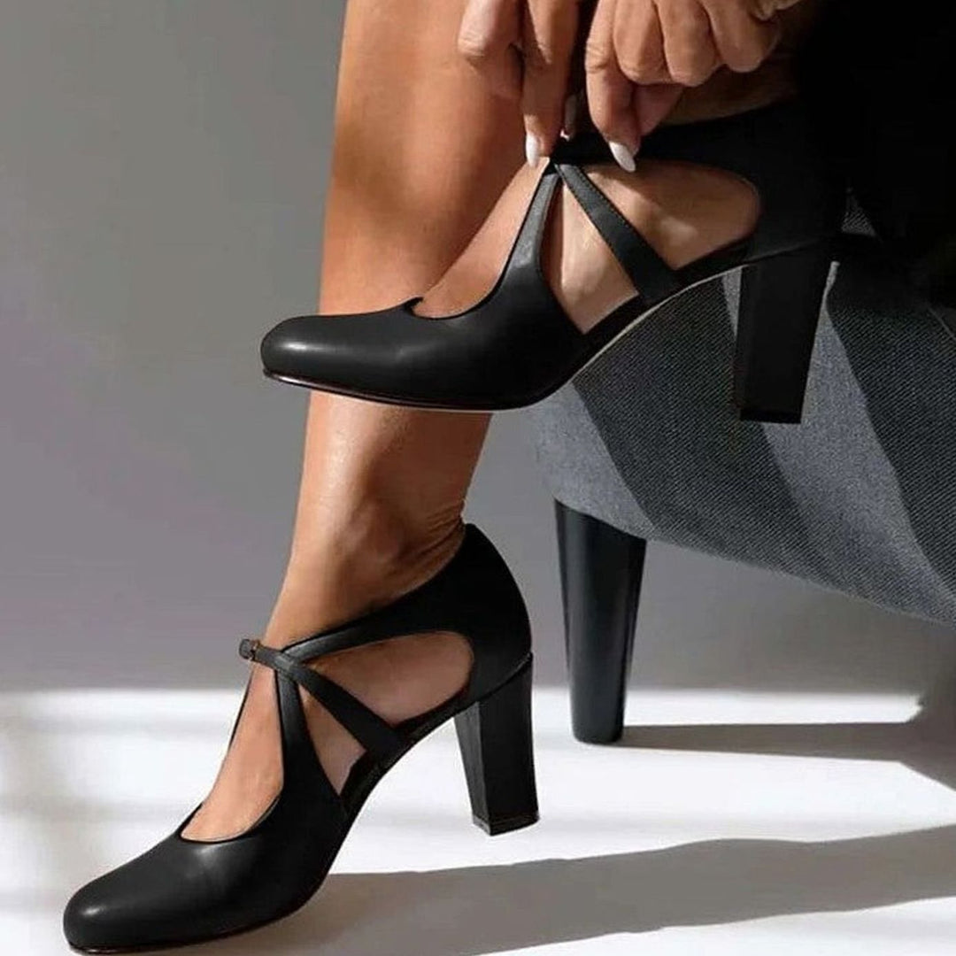 Women's Block-Heel Crossover Strap Court Heels - Black