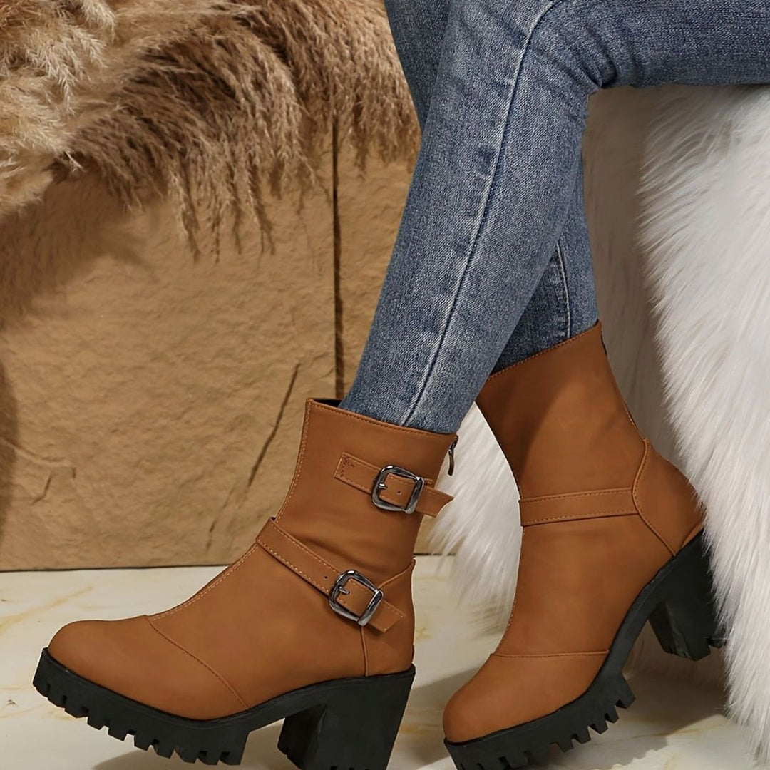 Women's Block Heel Double Buckle Ankle Boots Chunky Sole