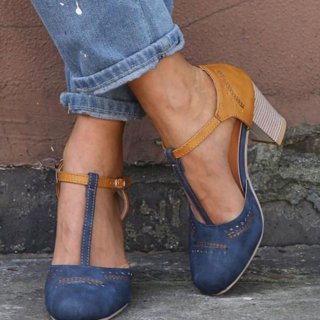 Women's Block-Heel T-Bar Strap Heeled Pumps - Blue