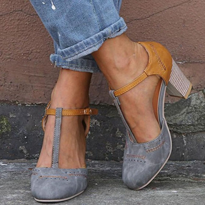Women's Block-Heel T-Bar Strap Heeled Pumps - Grey