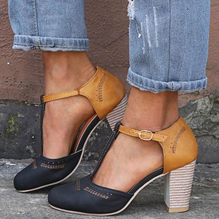 Women's Block-Heel T-Bar Strap Heeled Pumps - Black