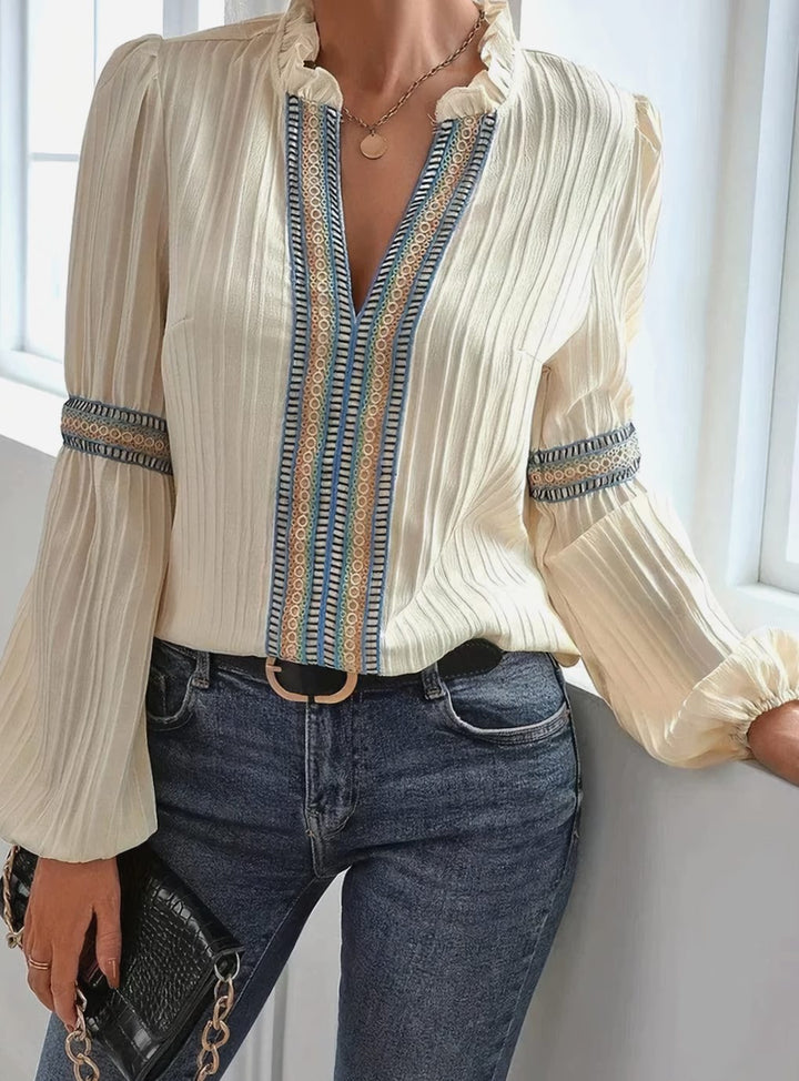 Women's Boho Embroidered Trim Pleated Lantern-Sleeve Blouse