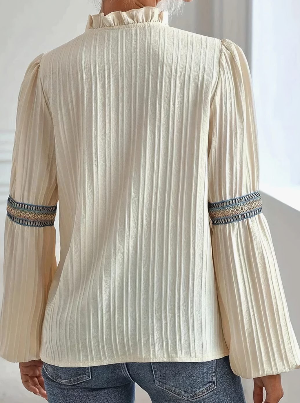 Women's Boho Embroidered Trim Pleated Lantern-Sleeve Blouse