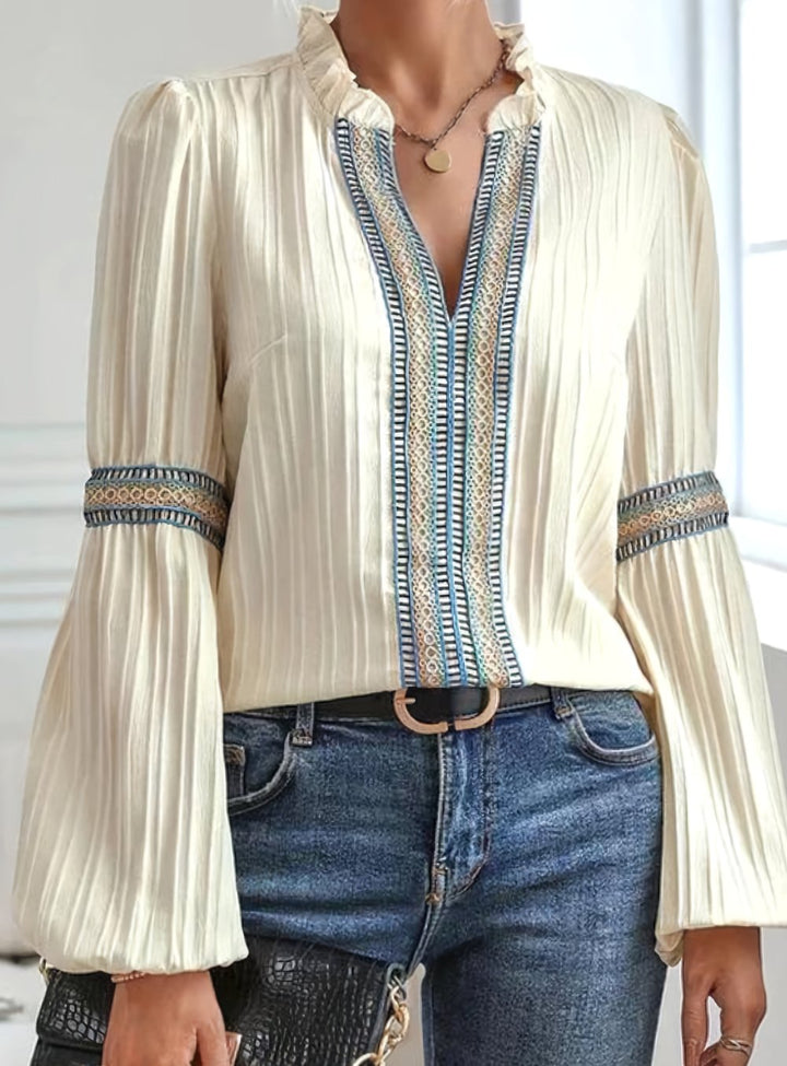 Women's Boho Embroidered Trim Pleated Lantern-Sleeve Blouse