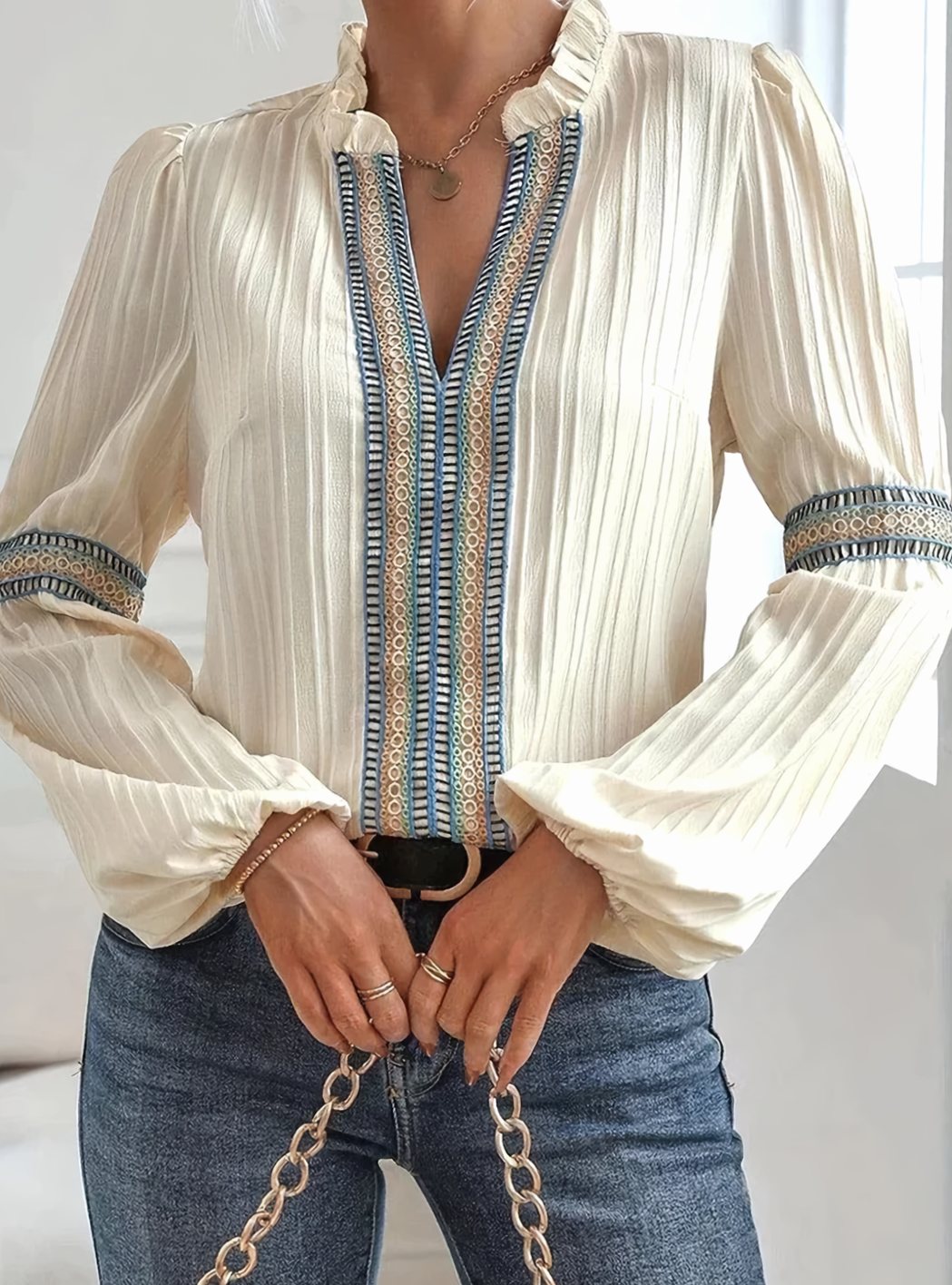 Women's Boho Embroidered Trim Pleated Lantern-Sleeve Blouse