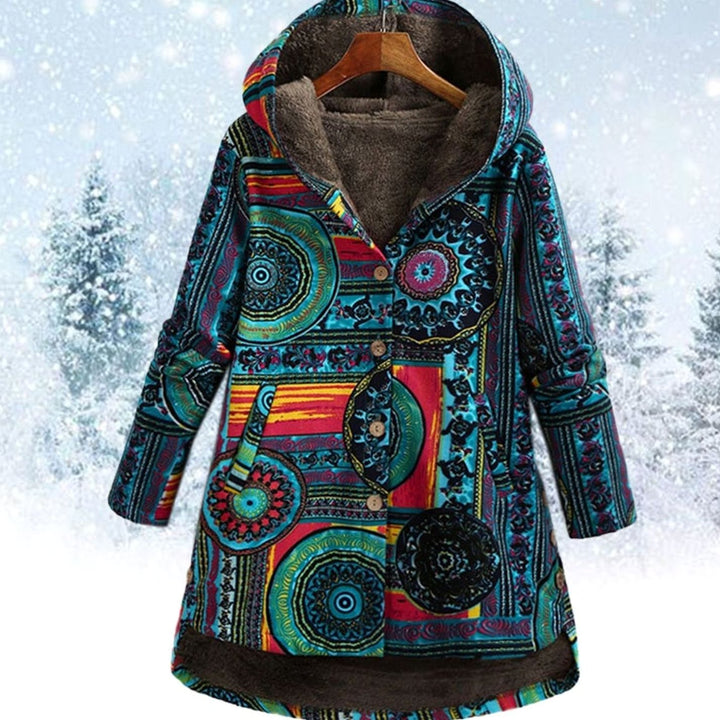 Women's Boho Fleece-Lined Hooded Printed Winter Coat - Blue