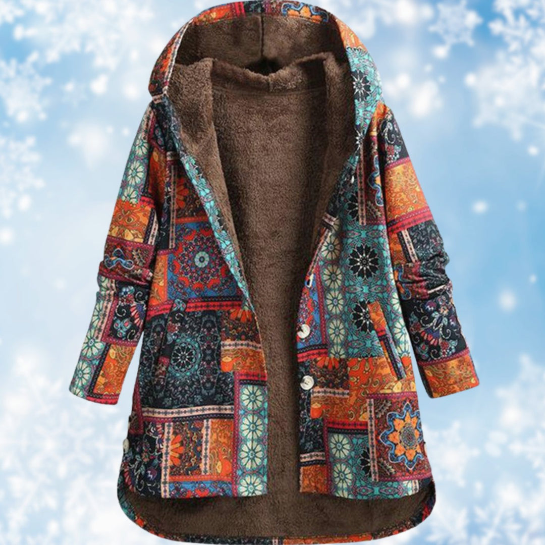 Women's Boho Fleece-Lined Hooded Printed Winter Coat - Orange