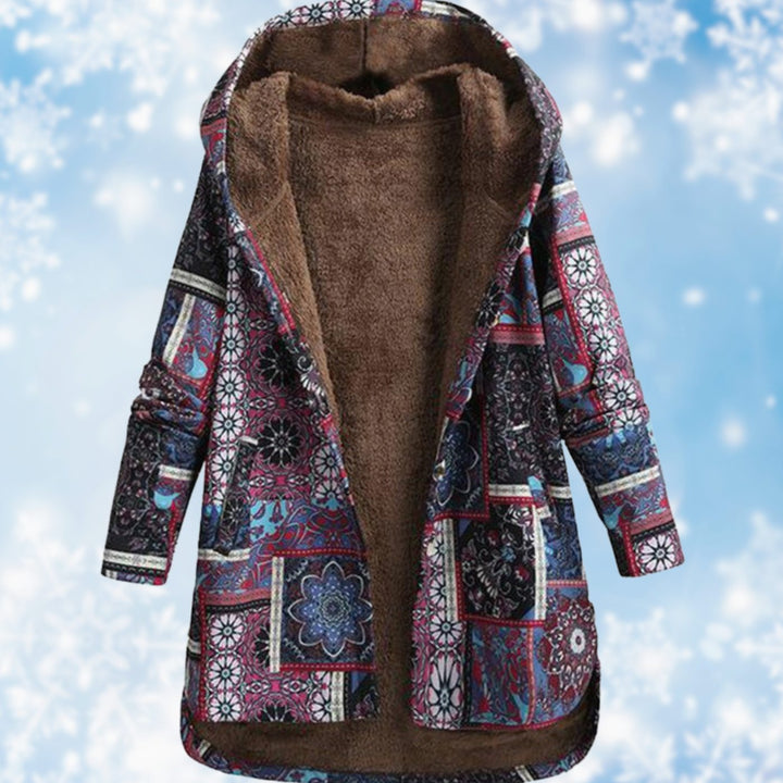 Women's Boho Fleece-Lined Hooded Printed Winter Coat - Purple