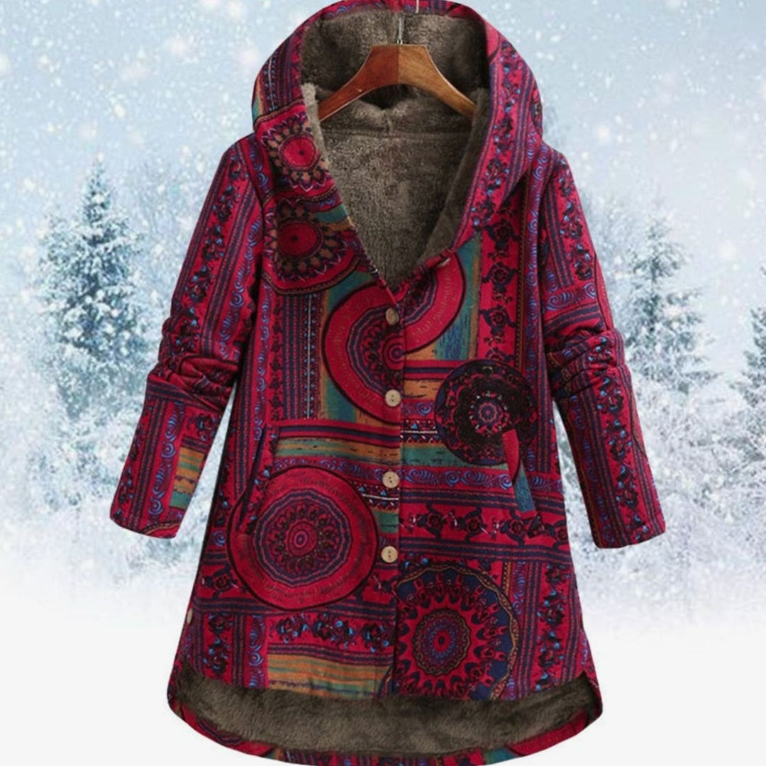 Women's Boho Fleece-Lined Hooded Printed Winter Coat - Red