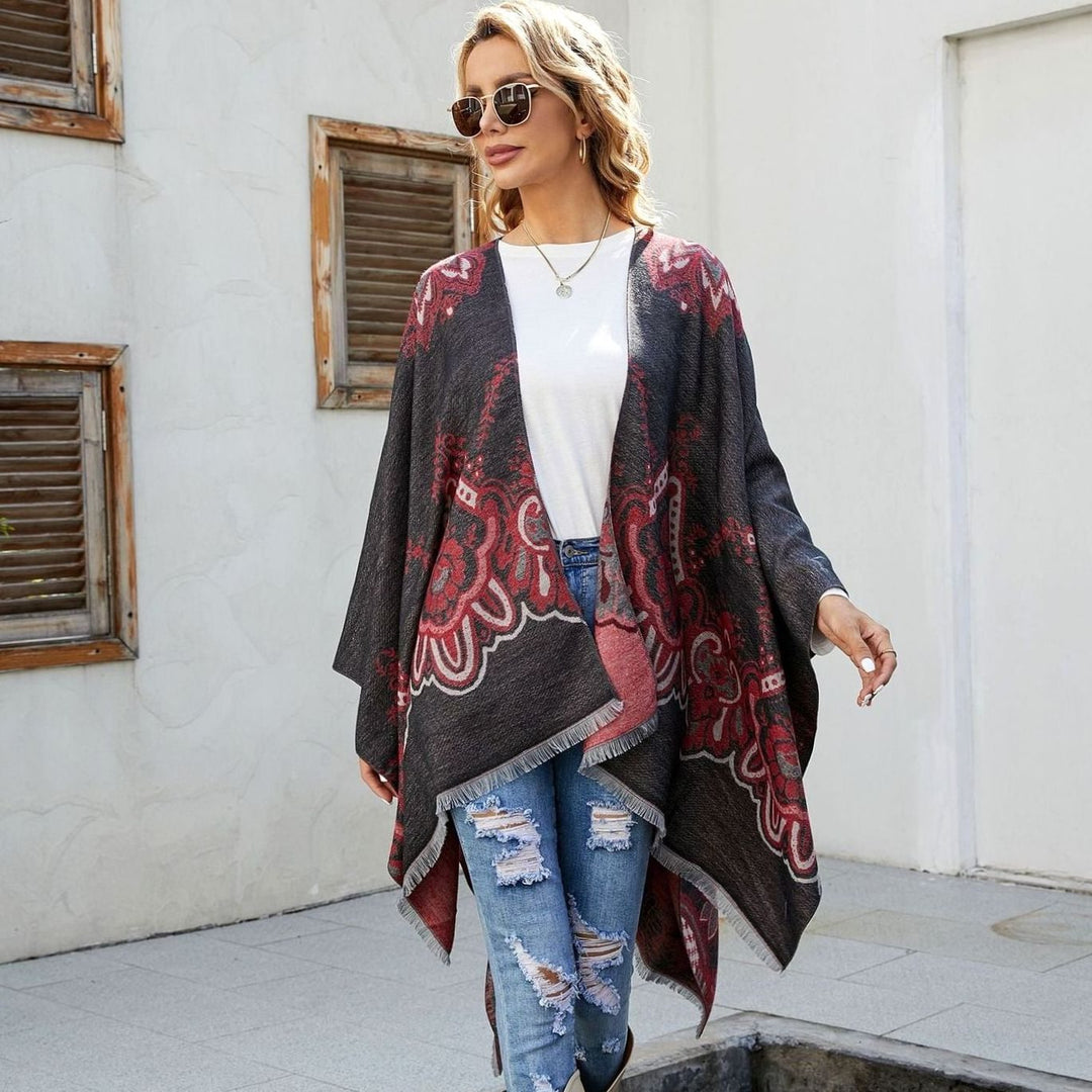Women's Boho Fringe-Trim Open-Front Kimono Poncho Cape