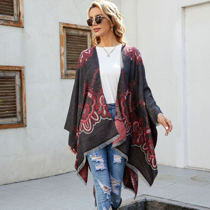 Women's Boho Fringe-Trim Open-Front Kimono Poncho Cape