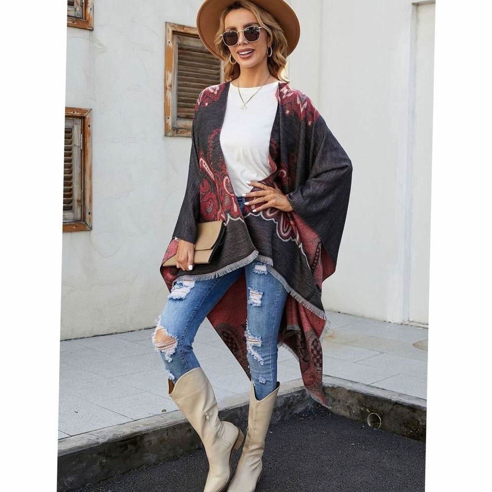 Women's Boho Fringe-Trim Open-Front Kimono Poncho Cape