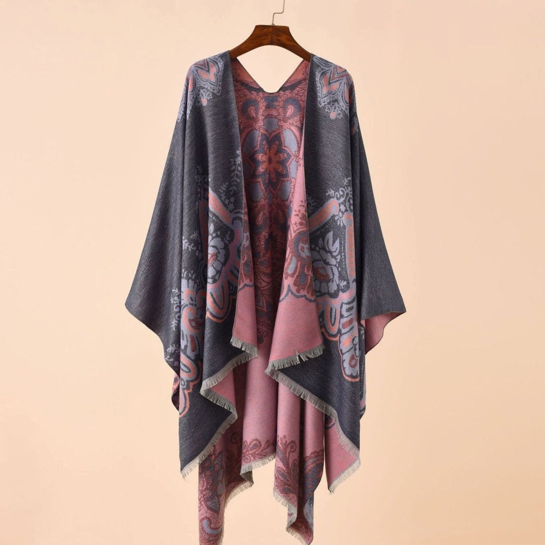 Women's Boho Fringe-Trim Open-Front Kimono Poncho Cape - Blue-Red