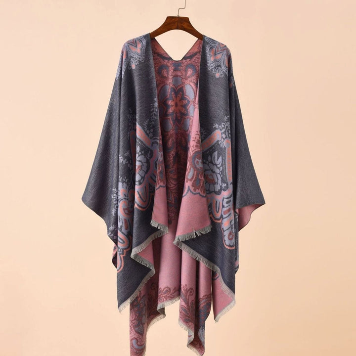 Women's Boho Fringe-Trim Open-Front Kimono Poncho Cape - Blue-Red