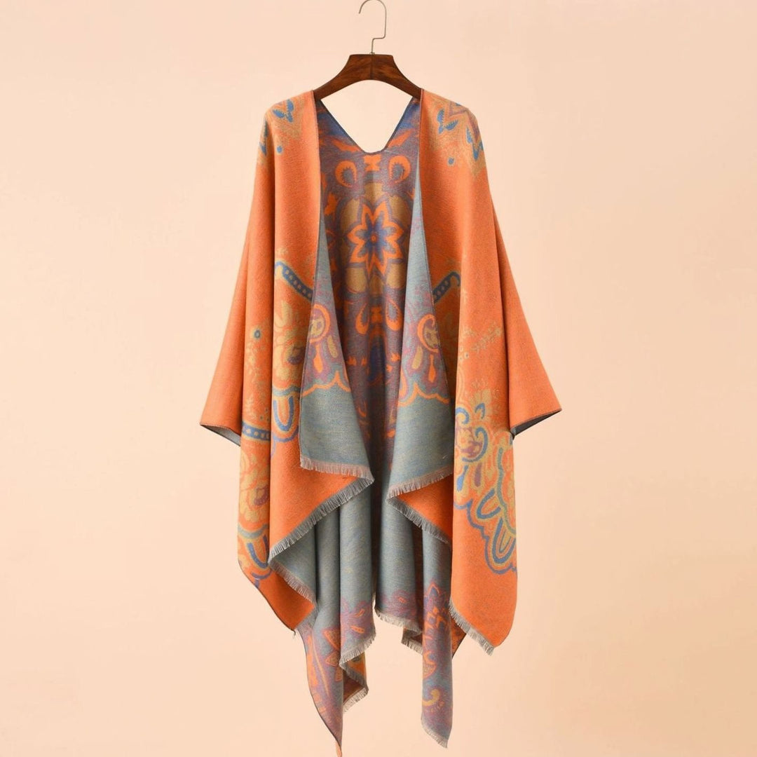 Women's Boho Fringe-Trim Open-Front Kimono Poncho Cape - Orange