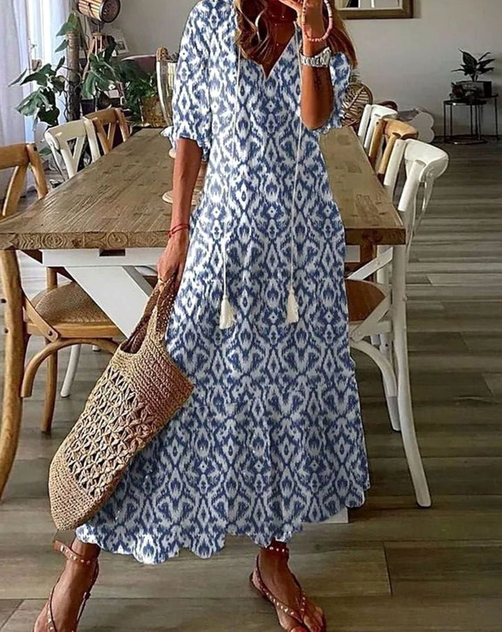 Women's Boho Geometric-Print V-Neck A-Line Maxi Dress - Blue