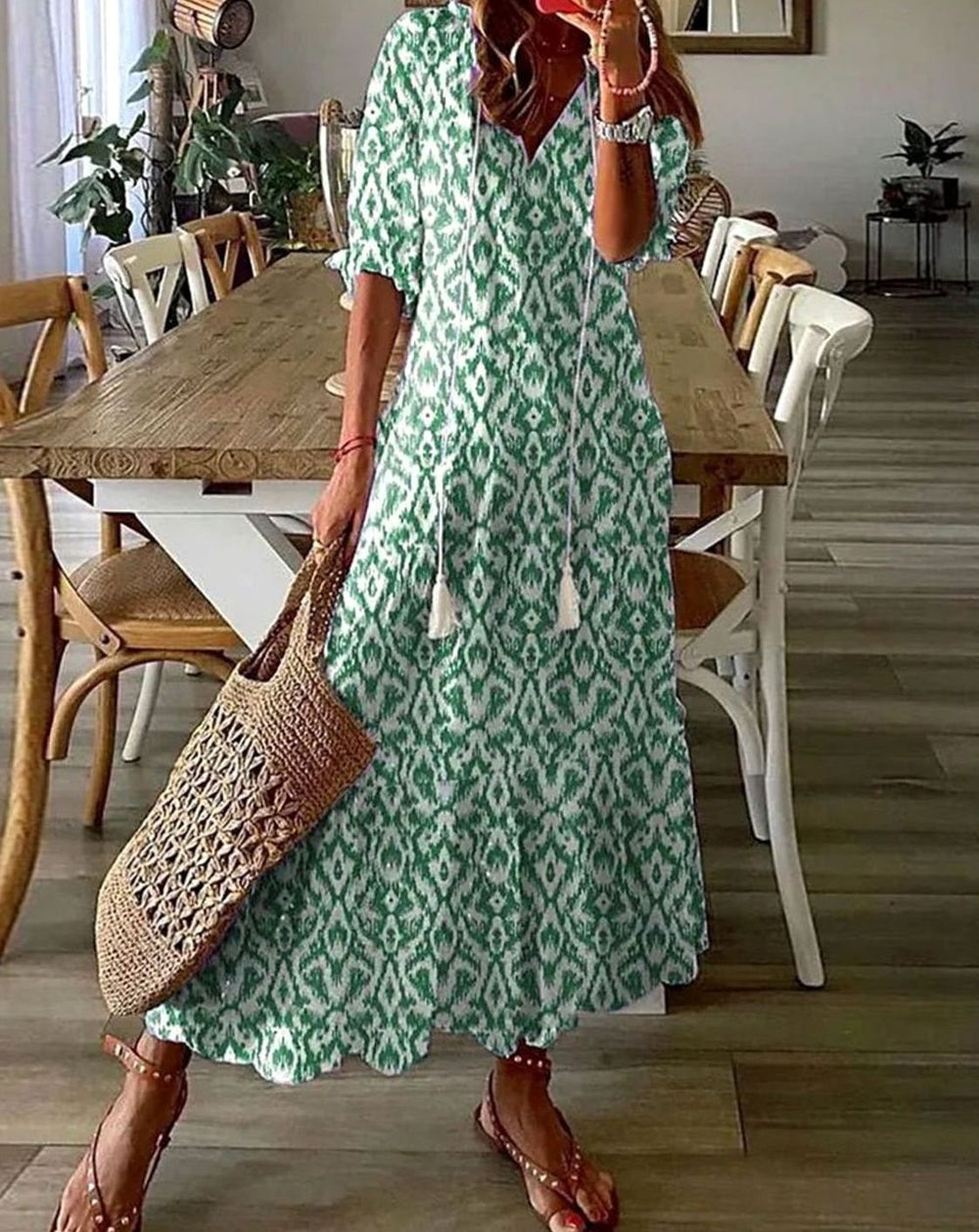 Women's Boho Geometric-Print V-Neck A-Line Maxi Dress - Green