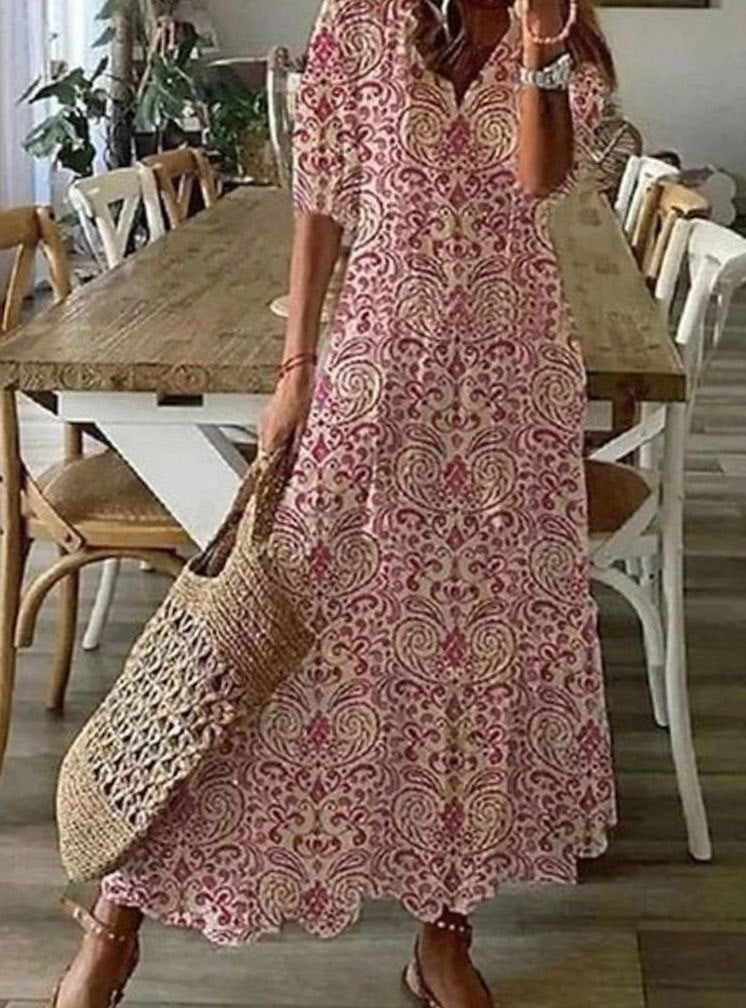 Women's Boho Geometric-Print V-Neck A-Line Maxi Dress - Red