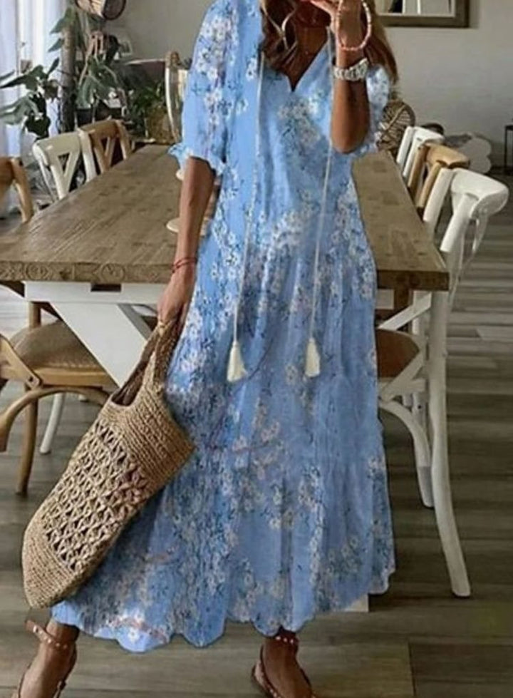 Women's Boho Geometric-Print V-Neck A-Line Maxi Dress - Light Blue