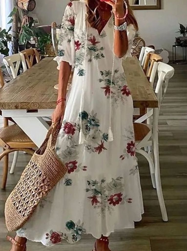Women's Boho Geometric-Print V-Neck A-Line Maxi Dress - White